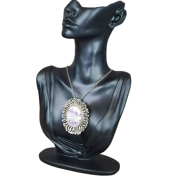 Vintage Sunburst Lavender Purple Cabochon Stone Pendant Necklace 28" Silvertone - Picture 1 of 7